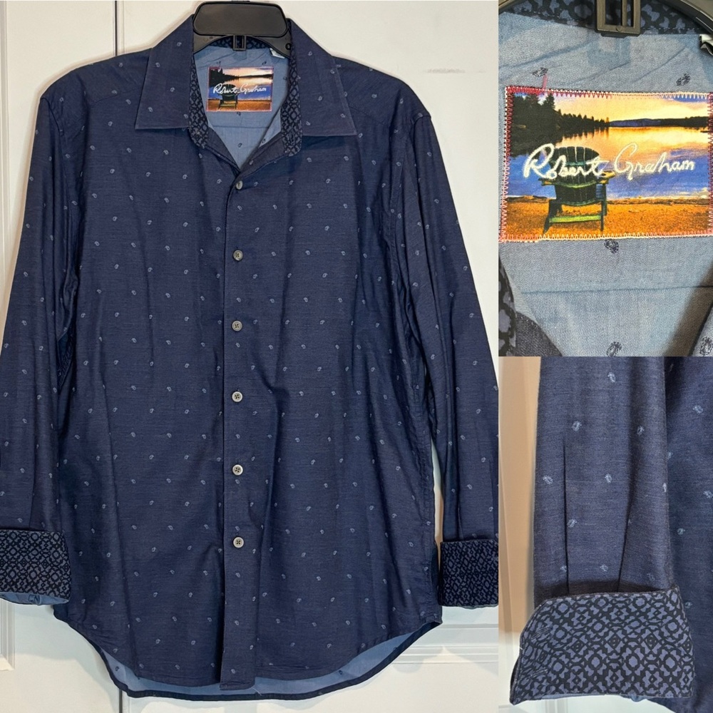 Robert Graham Blue Paisley Geo Contrast Cuff Button Front Casual Shirt M